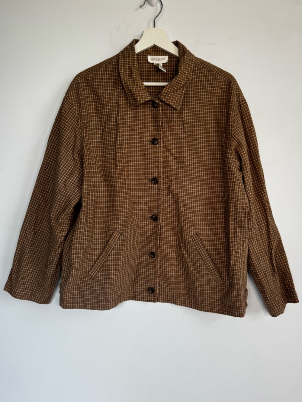 Vintage Jones New York Brown Linen Cotton Blend Windowpane Button-Front Jacket - Picture 1 of 6